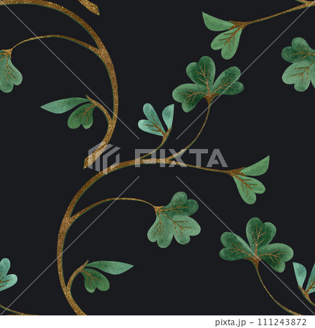 Seamless pattern with symbols of Ireland. Wrapping paper for St. Patrick's Day. Watercolor in vintage style on a black background. 111243872