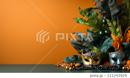 Vibrant Mardi Gras Celebration Masks with Beads on Yellow 111243929