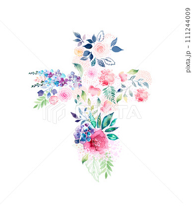 Cross of flowers. He has risen. hand drawing. Happy easter. Not AI. Vector illustration 111244009