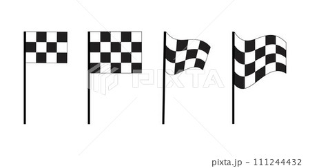 Different straight and flying race flags icons. Start or finish rally competition banners with checkered black and white pattern. Motocross, sport car, auto marathon signs Different straight and flying race flags icons. Start or finish rally competition banners with checkered black and white pattern. Motocross, sport car, auto marathon signs 111244432