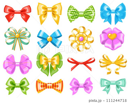 Gift bows set. Colorful decorative ribbons for presents, holidays celebration, festive packaging elements, different bowknots, valentine, birthday and wedding packaging decoration, vector set 111244718