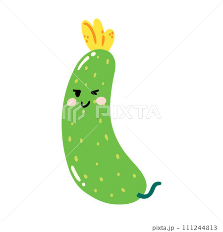 Cute hand drawn cucumber smiling. Kawaii funny vegetable character for kids Cute hand drawn cucumber smiling. Kawaii funny vegetable character for kids 111244813