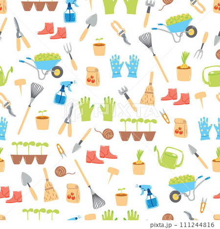 Seamless pattern with hand drawn gardening tools, agriculture equipment. Springtime wallpaper, horticulture concept 111244816