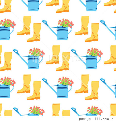 Seamless pattern with rubber boots and watering can with flowers. Hand drawn springtime garden tools, agriculture equipment, horticulture concept 111244817