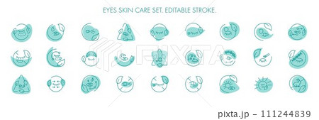 Eye skin care area icon pack set for patch, cream, mask cosmetic and beauty product, ophthalmology clinic, web, packaging. Vector stock illustration isolated on white background. Editable stroke.EPS10 111244839
