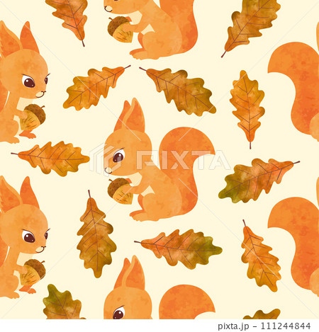 Autumn pattern with cute watercolor squirrels and oak leaves Autumn pattern with cute watercolor squirrels and oak leaves 111244844