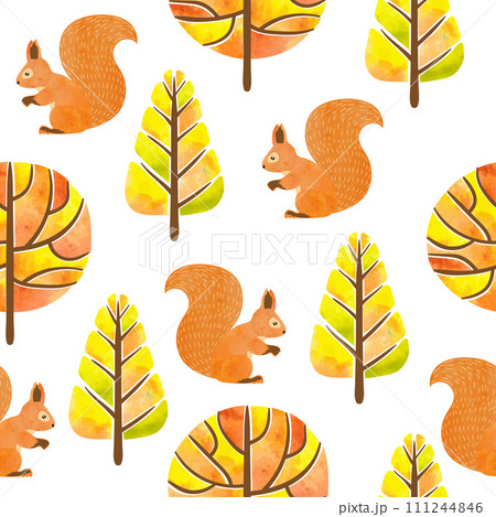 Seamless autumn pattern with watercolor squirrels and trees 111244846