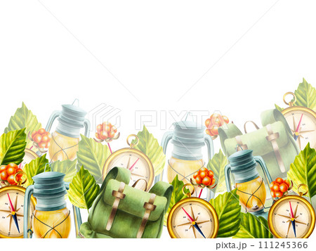 Watercolor frame with illlustrations of hiking, camping backpack, gold vintage marine compass, cloudberry, autumn leaves and oil kerosene lantern. Template for designers, travel business, postcards, Watercolor frame with illlustrations of hiking, camping backpack, gold vintage marine compass, cloudberry, autumn leaves and oil kerosene lantern. Template for designers, travel business, postcards, 111245366