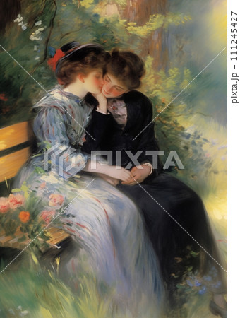 Blooming Love: Two 19th-century-clad girls share tender kisses on a park bench, immersed in a romantic moment amid lush flowers and greenery. It's an impressionist painting of sincere passion Blooming Love: Two 19th-century-clad girls share tender kisses on a park bench, immersed in a romantic moment amid lush flowers and greenery. It's an impressionist painting of sincere passion 111245427