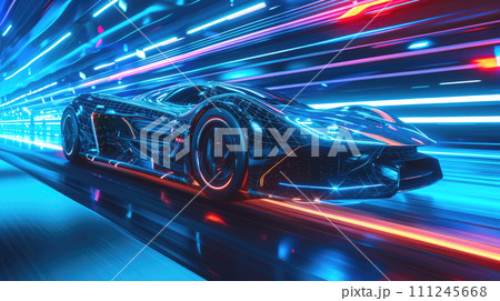 Futuristic sports car drives fast at night, shiny luxury auto moves on highway at dusk. Racing vehicle on neon city road. Concept of speed, motion line, technology, light, future 111245668