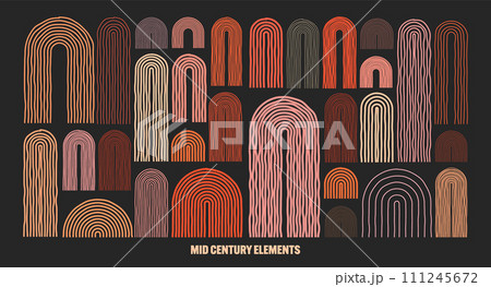 Mid century arch elements, modern geometric shapes. Contemporary design, minimalist art. Hand drawn lines. Trendy design elements for wall decor, posters, books and covers. Vector illustration 111245672