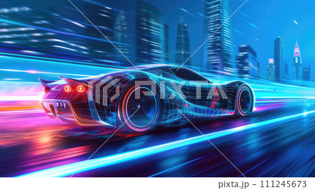 Luxury sports car drives fast on highway at night, shiny auto moves on street. Futuristic racing vehicle on neon city road. Concept of speed, technology, light, future, design Luxury sports car drives fast on highway at night, shiny auto moves on street. Futuristic racing vehicle on neon city road. Concept of speed, technology, light, future, design 111245673