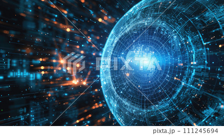 Abstract digital space background, futuristic cyberspace with cyber sphere, data, information and blue light. Concept of ai technology, secure tech, art, security and cybersecurity 111245694