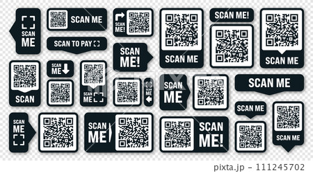 Scan me QR code sticker. Online payment. Special offer sale stickers, shopping discount label or promotional badge. Serial number, product ID. Supermarket retail label, price tag. Vector illustration Scan me QR code sticker. Online payment. Special offer sale stickers, shopping discount label or promotional badge. Serial number, product ID. Supermarket retail label, price tag. Vector illustration 111245702