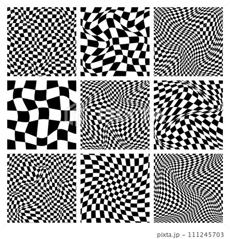 Trendy checkered pattern, black and white distorted tiled grid. Wavy curved backdrop, distortion effect. Funky geometric chessboard texture, retro background in 90s style, y2k. Vector illustration Trendy checkered pattern, black and white distorted tiled grid. Wavy curved backdrop, distortion effect. Funky geometric chessboard texture, retro background in 90s style, y2k. Vector illustration 111245703