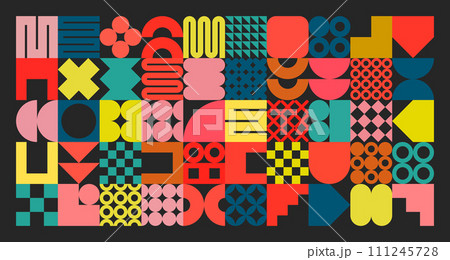 Geometric texture with simple shapes, symbols. Colorful primitive elements and forms. Bauhaus retro design, trendy contemporary minimalist style, y2k. Vector illustration 111245728