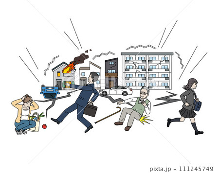 大地震が発生しパニックになる人々のイラスト 111245749