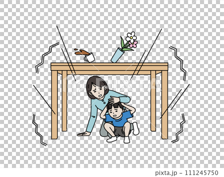 地震が発生し机の下に隠れる親子のイラスト 111245750