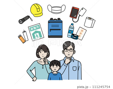 防災用品を確認する家族のイラスト 防災用品を確認する家族のイラスト 111245754
