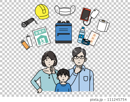 防災用品を確認する家族のイラスト 防災用品を確認する家族のイラスト 111245754