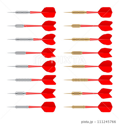 Red dart arrows with metal tip isolated on white background. Dart throwing sport game, dartboard equipment. Vector illustration 111245766