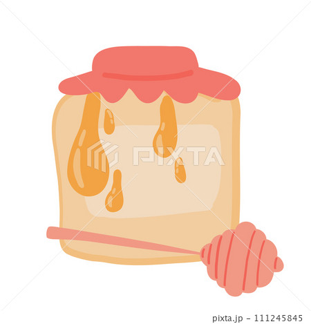 Honey jar with drops and honey stick flat design 111245845