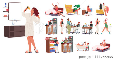 Woman Daily Routine Involves Tasks Like Waking Up, Exercising, Work, Meals, And Relaxation, Vector Illustration, Set 111245935