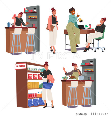 Woman Daily Routine Tasks. Breakfast, Waking to Office, Work, Shopping Groceries and Cooking Meals, Vector Illustration Woman Daily Routine Tasks. Breakfast, Waking to Office, Work, Shopping Groceries and Cooking Meals, Vector Illustration 111245937