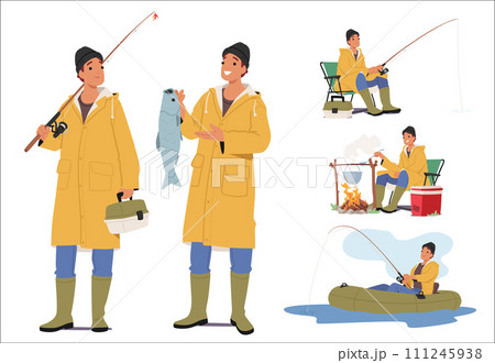 Set of Young Fisherman Character wear Yellow Raincoat holding Rod, Tackle Box, Cooking Fish Soup and Riding Rubber Boat Set of Young Fisherman Character wear Yellow Raincoat holding Rod, Tackle Box, Cooking Fish Soup and Riding Rubber Boat 111245938