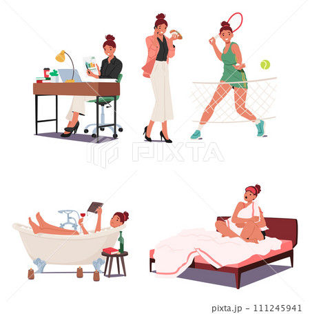 Woman Daily Routine Involves Tasks Like Tennis Exercises, Work In The Office, Meals, Relaxation In Bathroom And Sleep Woman Daily Routine Involves Tasks Like Tennis Exercises, Work In The Office, Meals, Relaxation In Bathroom And Sleep 111245941