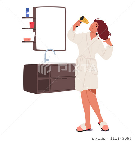 Female Character In Her Daily Routine, Woman Dries Hair With A Fan, Creating A Rhythmic Ritual That Blends Cool Breezes 111245969