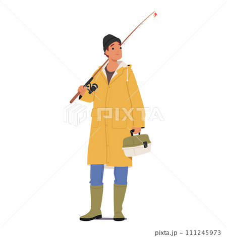 Fisherman Stands, Rod On Shoulder, Tackle Box In Hand, Ready For A Day By The Water. Anticipation Gleams In His Eyes 111245973