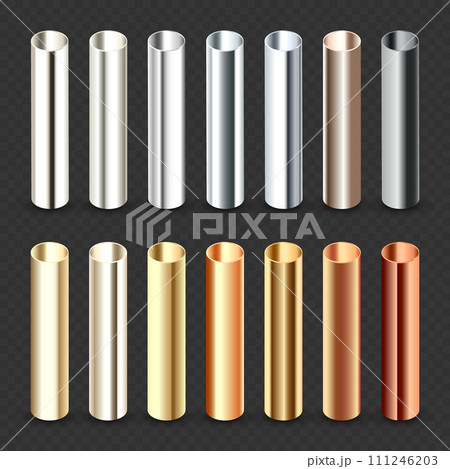 Steel and copper pipes collection. Construction material, pipeline. Industry and engineering. Polished metal texture with silver gradient. Vector illustration 111246203