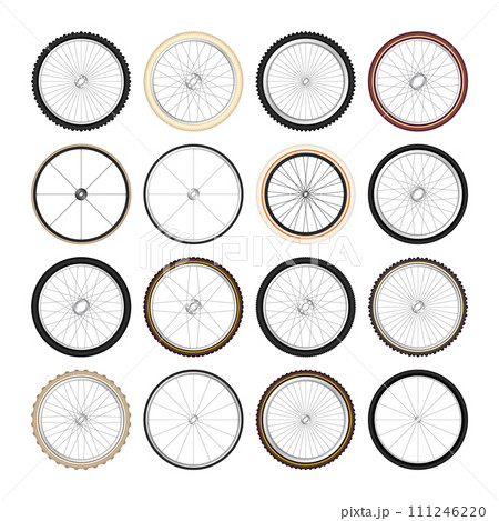 Realistic 3d retro bicycle wheels. Vintage bike rubber tyres, shiny metal spokes and rims. Fitness cycle, touring, sport, road and mountain bike. Vector illustration 111246220