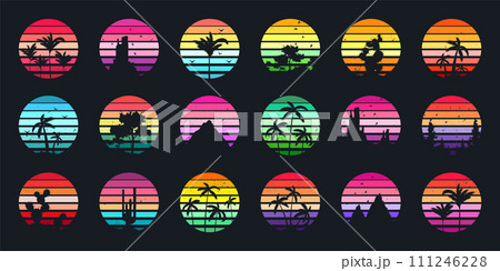 Grunge vintage sunset collection. Colorful striped sunrise badges in 80s and 90s style. Sun and ocean view, summer vibes, surfing. Design element for print, logo or t-shirt. Vector illustration 111246228