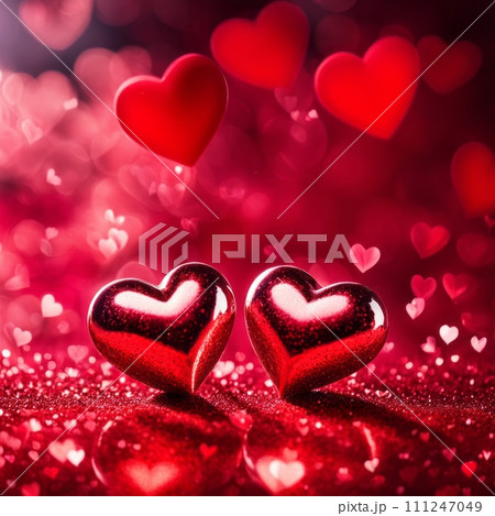 Red Hearts On Shiny Glitter Background 111247049