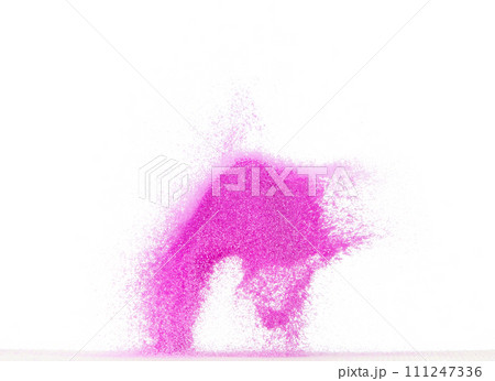 Small size purple Sand flying explosion, violet sands grain wave explode. Abstract cloud fly. purple colored sand splash throwing in Air. White background Isolated high speed shutter, throwing freeze 111247336
