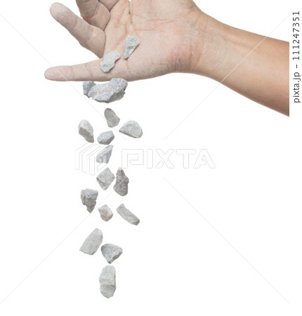 Rock gravel fall down from hand, gray stone pebbles rock explode abstract cloud fly. Construction rock stone splash in air, object design. White background isolated freeze shot, selective focus blur 111247351