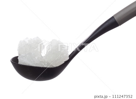 Rock Sugar fly pour from ladle turner, white crystal Rock Sugar abstract cloud floating. Big Rock Sugar splash throwing in air. white background isolated high speed freeze motion 111247352
