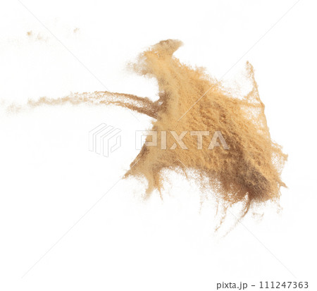 Sand flying explosion, Golden grain wave explode. Abstract cloud fly. Yellow colored sand splash throwing in Air. White background Isolated high speed shutter, throwing freeze stop motion 111247363