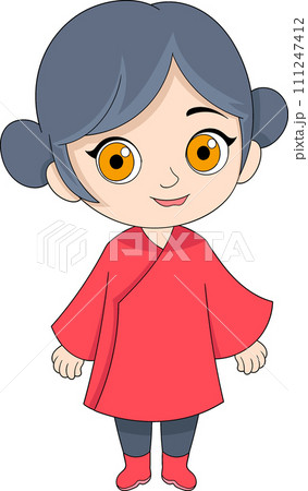 doodle cartoon illustration, Chinese girl mascot wearing traditional clothes smiling 111247412