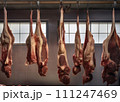 AI-generated content. Meat industry, meats hanging in cold store. Cattles cut, hanged on hook in a slaughterhouse AI-generated content. Meat industry, meats hanging in cold store. Cattles cut, hanged on hook in a slaughterhouse 111247469