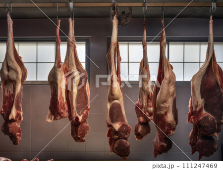 AI-generated content. Meat industry, meats hanging in cold store. Cattles cut, hanged on hook in a slaughterhouse 111247469