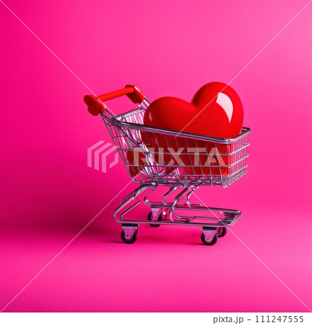 Shopping cart with red heart on pink background Shopping cart with red heart on pink background 111247555