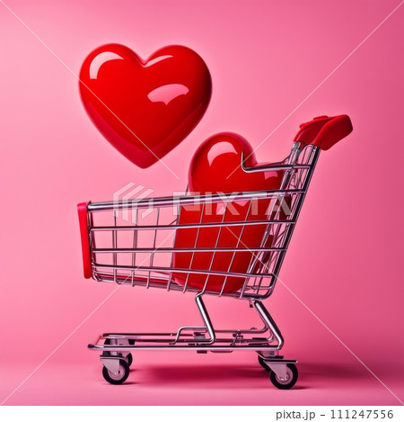 Shopping cart with red heart on pink background 111247556