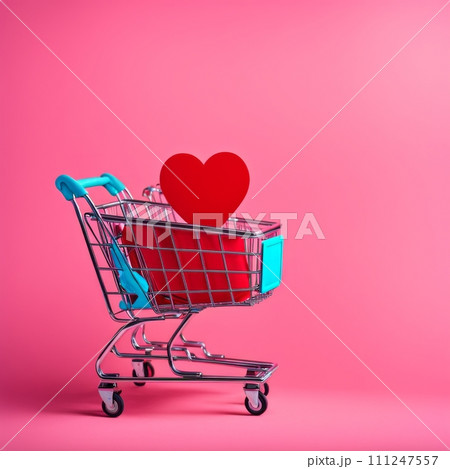 Shopping cart with red heart on pink background 111247557