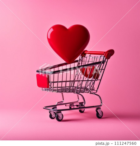 Shopping cart with red heart on pink background 111247560