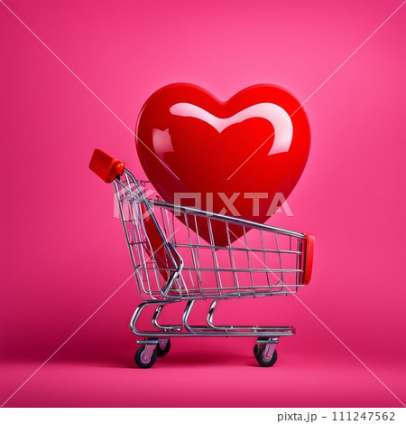 Shopping cart with red heart on pink background 111247562