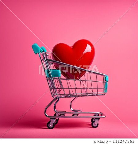 Shopping cart with red heart on pink background Shopping cart with red heart on pink background 111247563