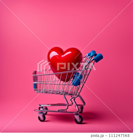 Shopping cart with red heart on pink background Shopping cart with red heart on pink background 111247568